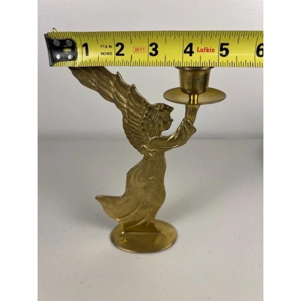 Vintage Solid Brass Angel Candlestick Holder Gold Tone Winged Celestial 8.5 inch